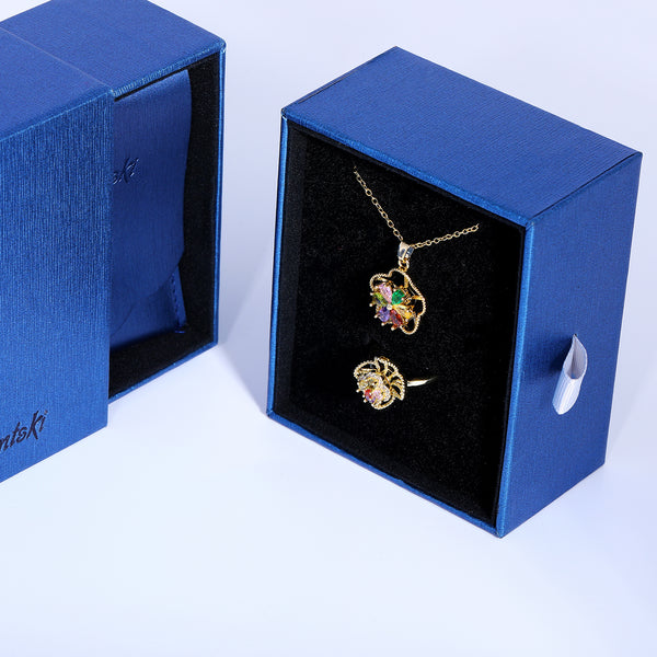 Presentski Colorful Flower Spinner Necklace and Ring Set with Gift Box T2SP006