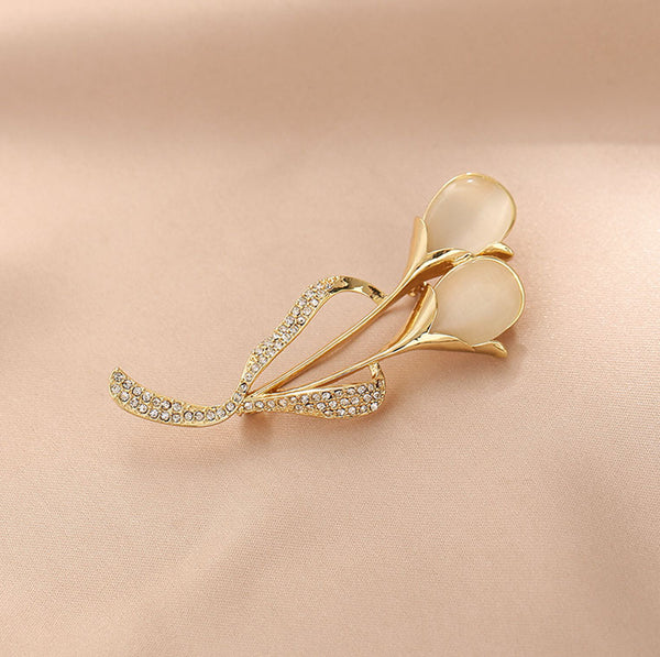 Presentski Opal Crystal Tulips Brooch Golden Color