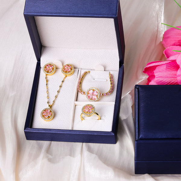 Presentski Pink Flower Spinner Necklace Ring Earring Bracelet Set T4S002