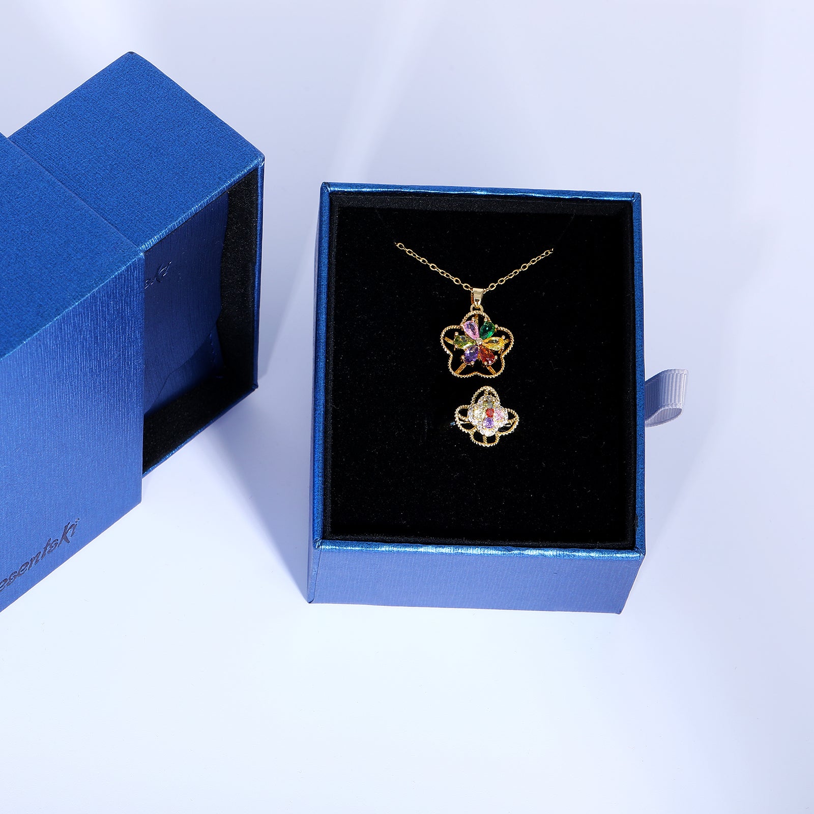 Presentski Colorful Flower Spinner Necklace and Ring Set with Gift Box T2SP006