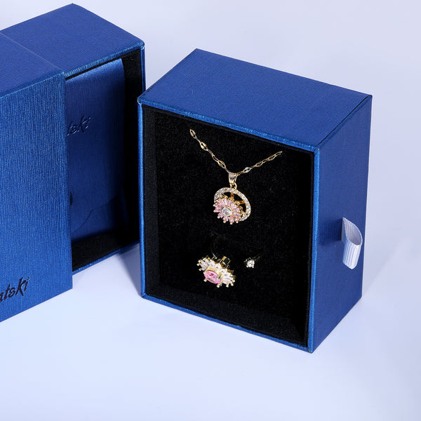 Presentski Pink Flower Spinner Necklace and Ring Set with Gift Box T2SP005