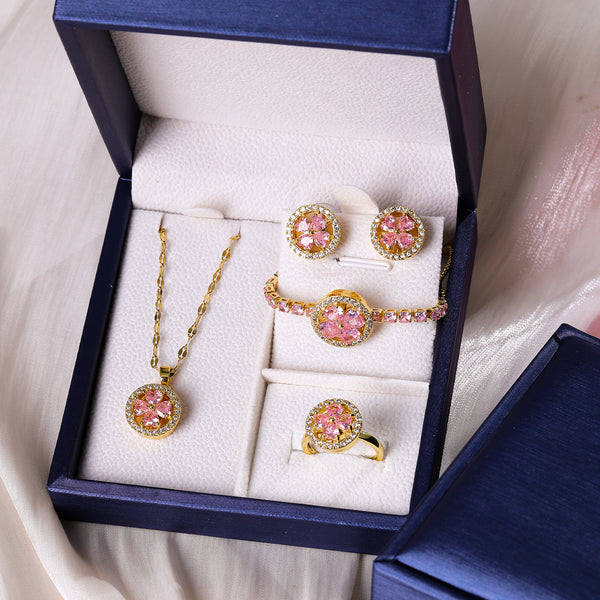 Presentski Pink Flower Spinner Necklace Ring Earring Bracelet Set T4S002