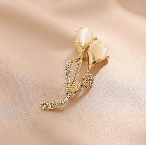 Presentski Opal Crystal Tulips Brooch Golden Color