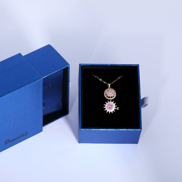 Presentski Pink Flower Spinner Necklace and Ring Set with Gift Box T2SP005