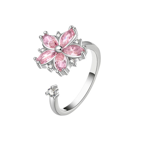 Presentski Rotating Ring Women Cherry Blossom Pink Zircon Flower Spinner Decompression Anti Anxiety Ring TSR001