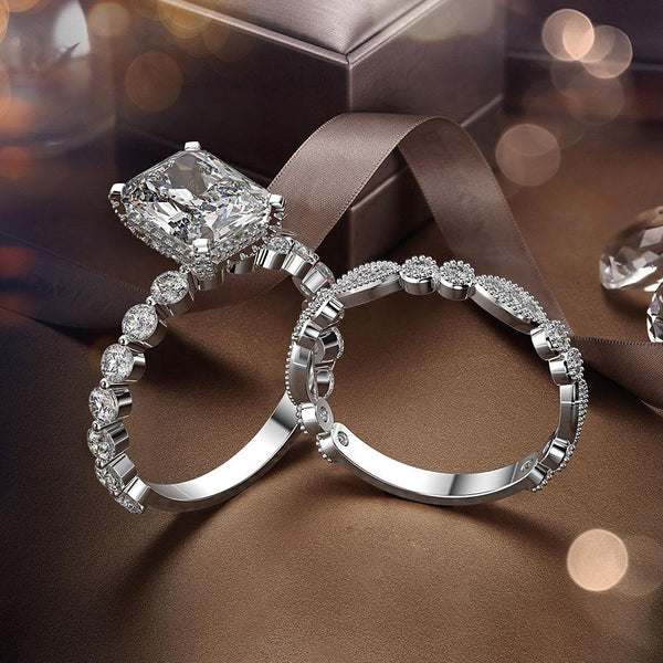 Radiant Cut 925 Sterling Silver Engagement Ring Set