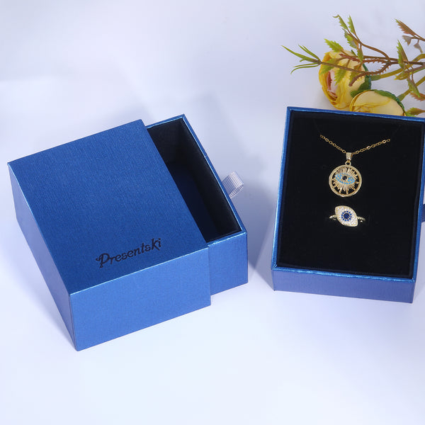 Presentski Blue Evil Eye Spinner Necklace and Ring Set with Gift Box T2SP003