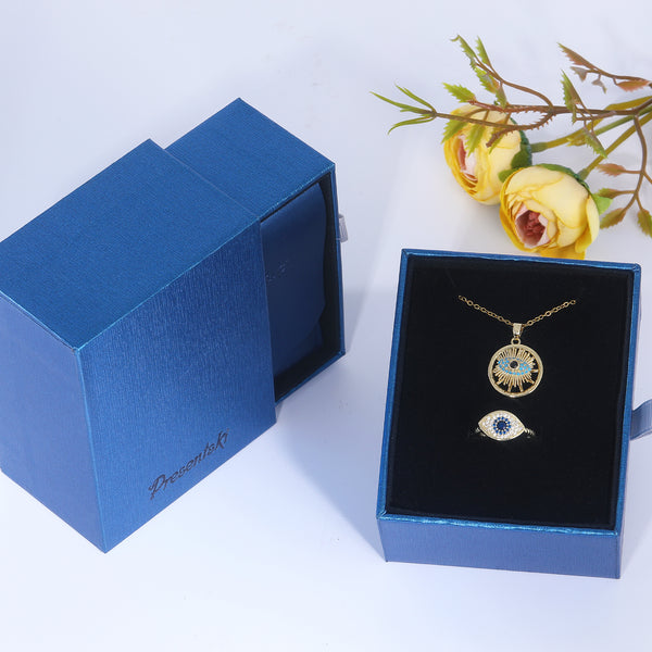 Presentski Blue Evil Eye Spinner Necklace and Ring Set with Gift Box T2SP003