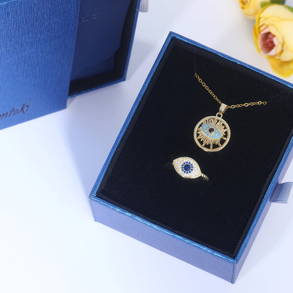 Presentski Blue Evil Eye Spinner Necklace and Ring Set with Gift Box T2SP003