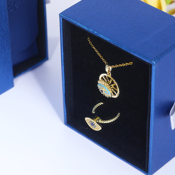 Presentski Blue Evil Eye Spinner Necklace and Ring Set with Gift Box T2SP003