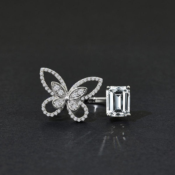 Butterfly Emerald Cut 925 Sterling Silver White Ring