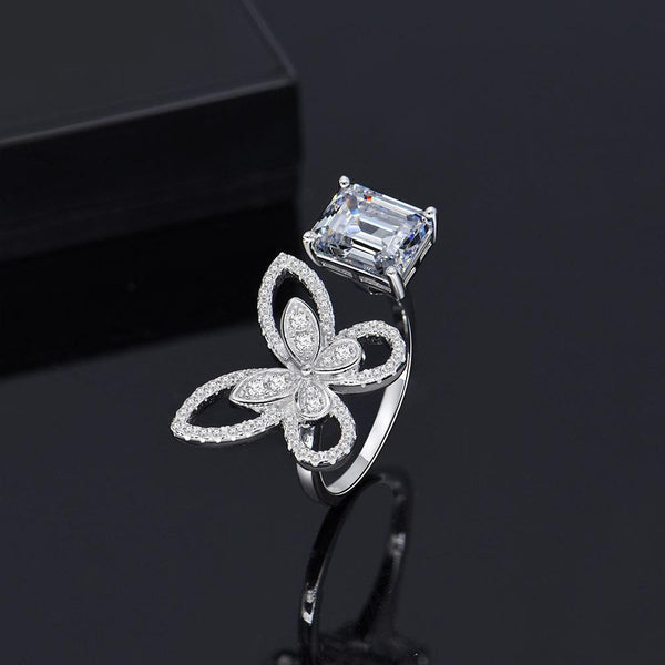 Butterfly Emerald Cut 925 Sterling Silver White Ring