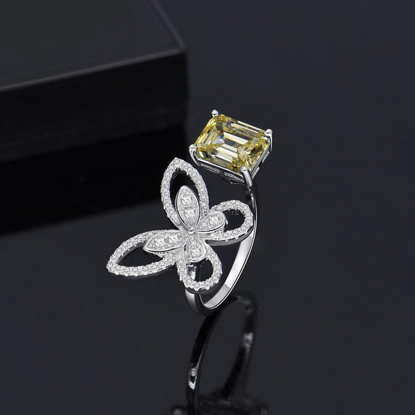 Butterfly Emerald Cut 925 Sterling Silver Yellow Ring