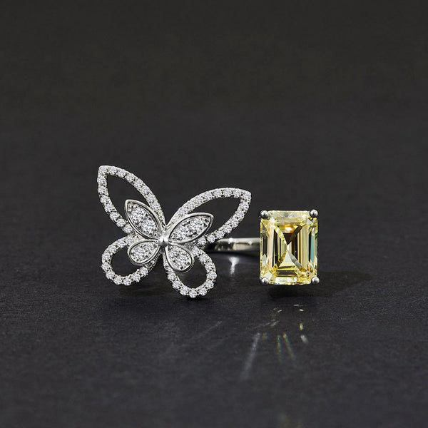 Butterfly Emerald Cut 925 Sterling Silver Yellow Ring