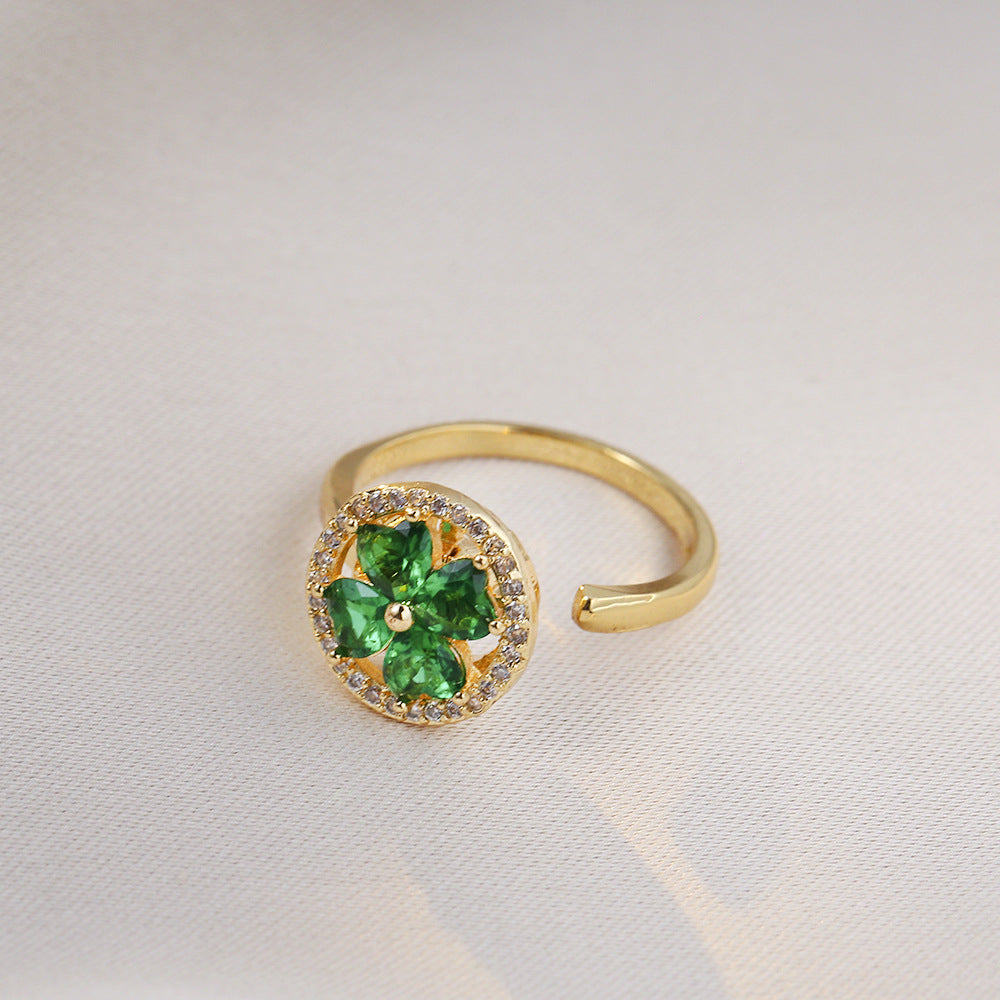 [TSR037] Presentski Green Flower Rotating Ring Feminine Versatile Round Geometric Ring