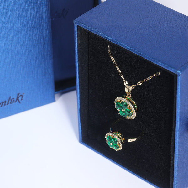 Presentski Green Clover Spinner Necklace and Ring Set with Gift Box T2SP001