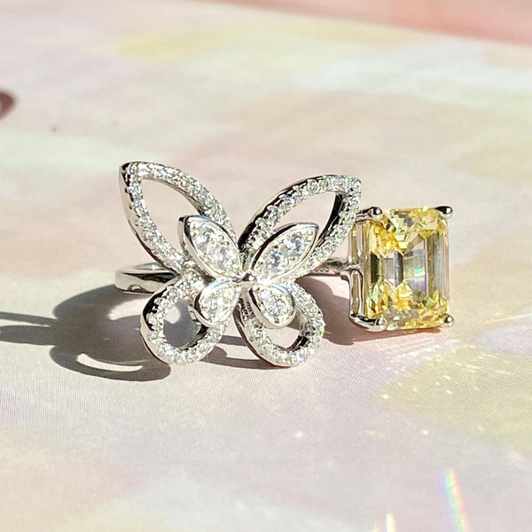 Butterfly Emerald Cut 925 Sterling Silver Yellow Ring