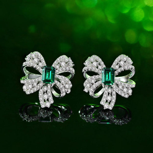 Bowtie Lab-Created Emerald 925 Sterling Silver Earrings