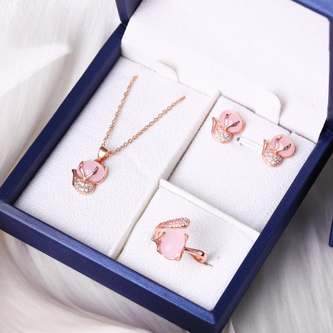 Presentski Pink Fox Necklace Ring Earring Set T3S018