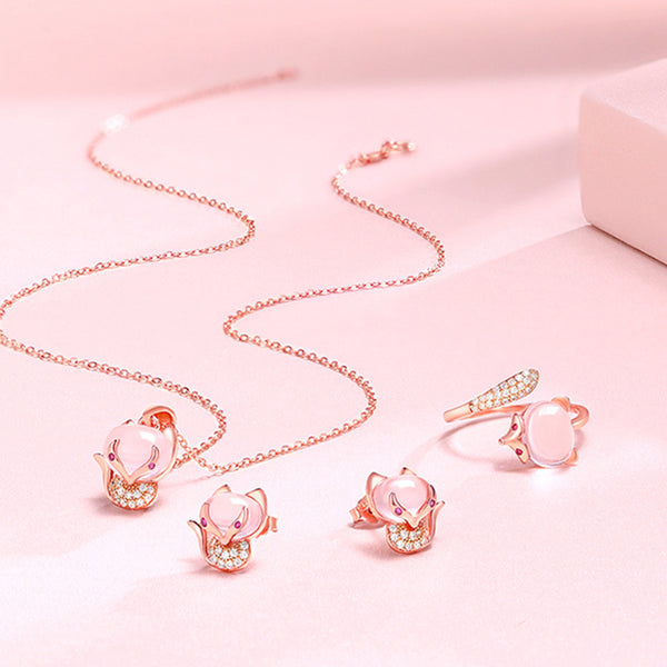 Presentski Pink Fox Necklace Ring Earring Set T3S018