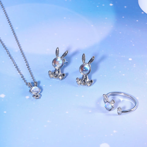 Presentski Moonstone Rabbit Bunny Necklace Ring Earring Set T3S015