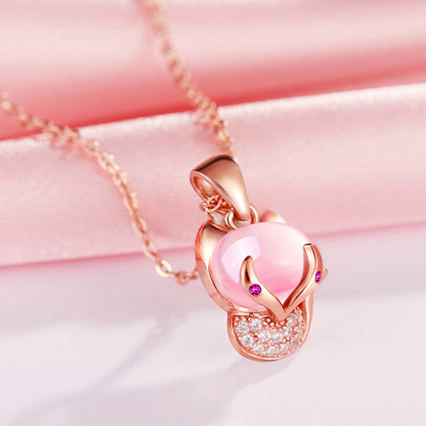 Presentski Pink Fox Necklace Ring Earring Set T3S018