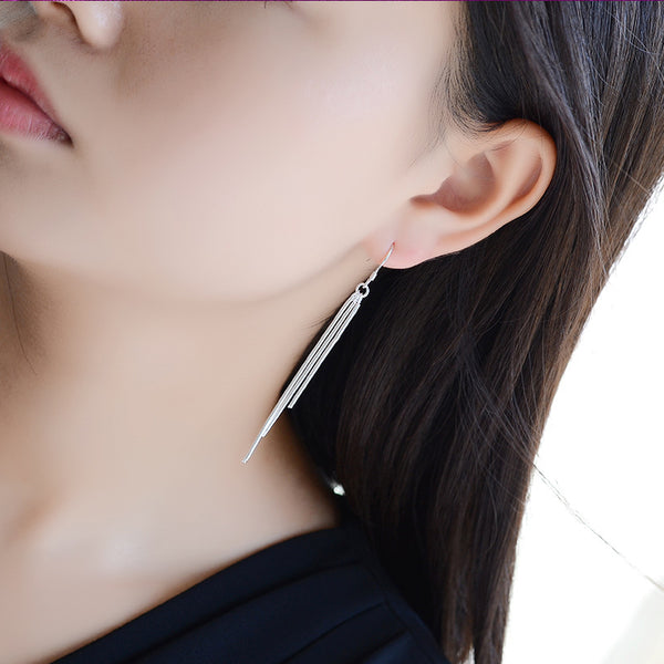 [TE083] Presentski Simple Tassel Dangle Silver Earrings