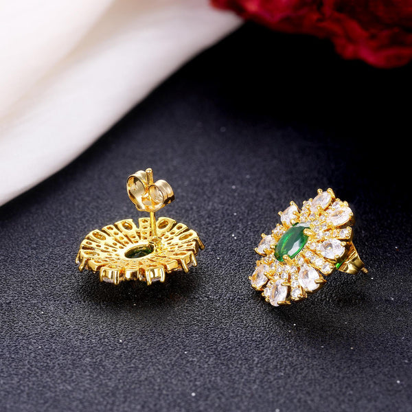 Presentski Green CZ Elegant Gold-Plated Flower Earrings