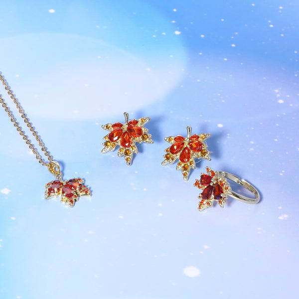 Presentski Red Maple Leaf Necklace Ring Earring Set T3S014