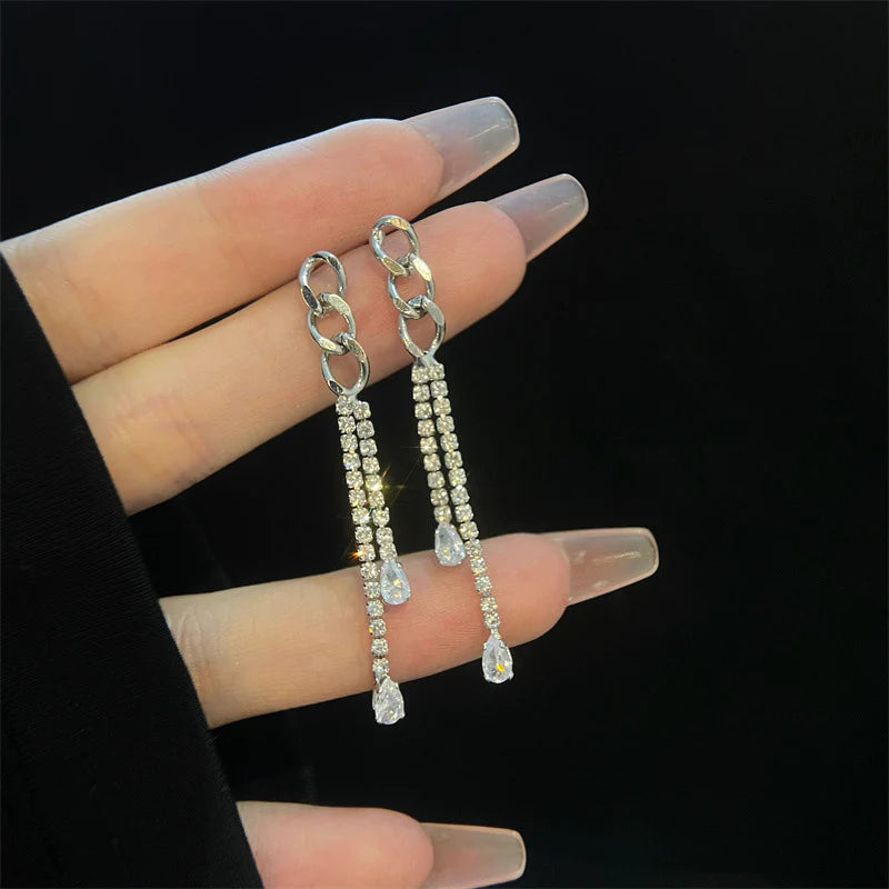 Presentski Zircon Chain Long Tassel Earrings TE052