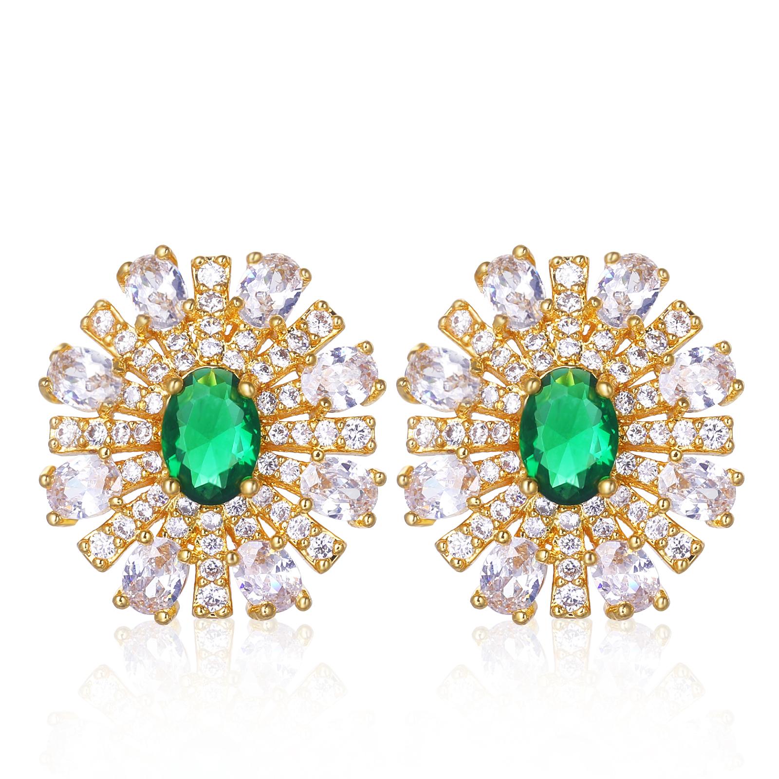 Presentski Green CZ Elegant Gold-Plated Flower Earrings