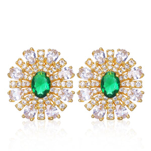 Presentski Green CZ Elegant Gold-Plated Flower Earrings