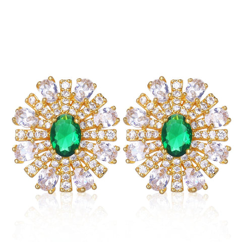 Presentski Green CZ Elegant Gold-Plated Flower Earrings