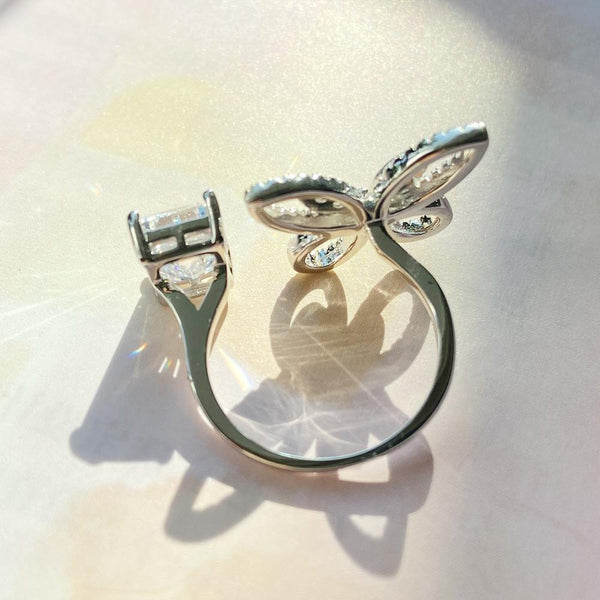 Butterfly Emerald Cut 925 Sterling Silver White Ring