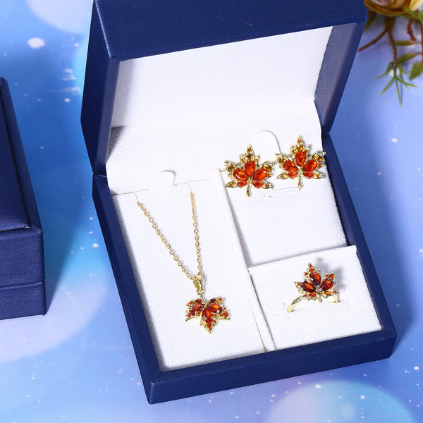 Presentski Red Maple Leaf Necklace Ring Earring Set T3S014