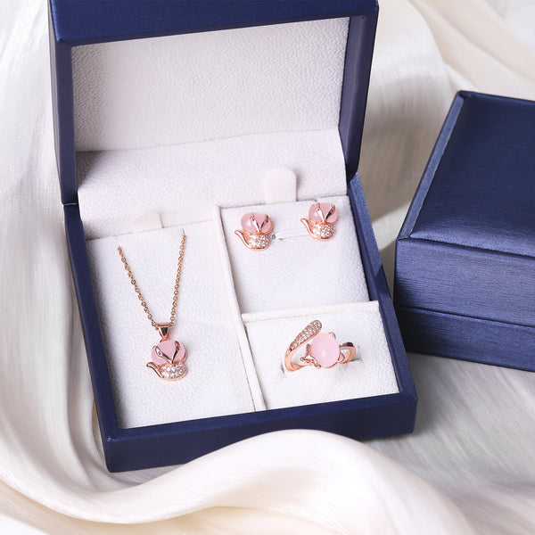 Presentski Pink Fox Necklace Ring Earring Set T3S018