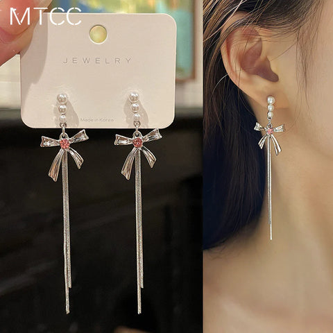 Presentski Pearl Bowknot Earrings Feminine Personality Long Tassel Earrings TE068