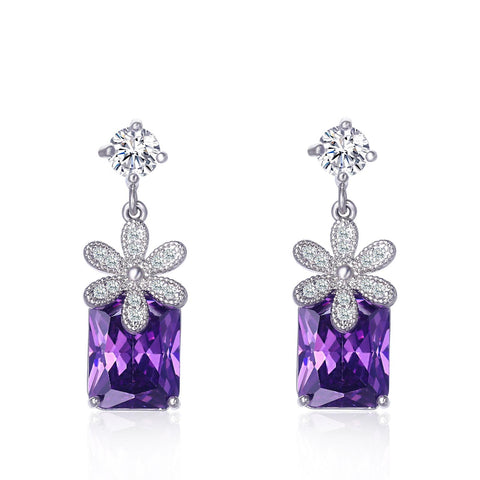 Presentski Purple CZ Stone Flower Dangle Earrings