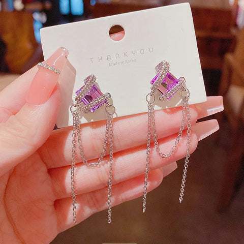 Presentski High Grade Pearl Tassel Earrings Femininity Purple Zircon Long Earrings TE075