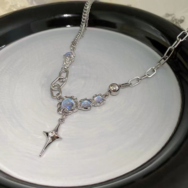 Presentski Blue Moonstone Necklace Cool Punk Link Chain Necklace