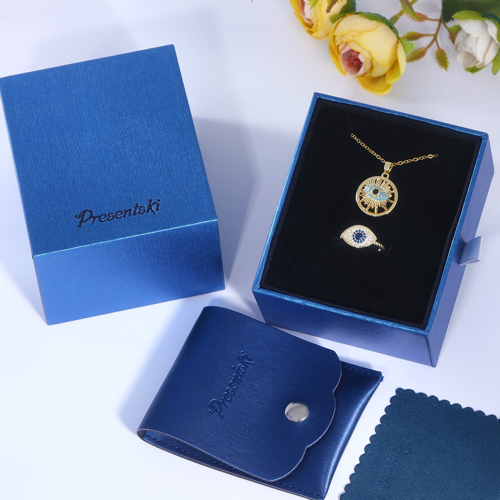 Presentski Blue Evil Eye Spinner Necklace and Ring Set with Gift Box T2SP003