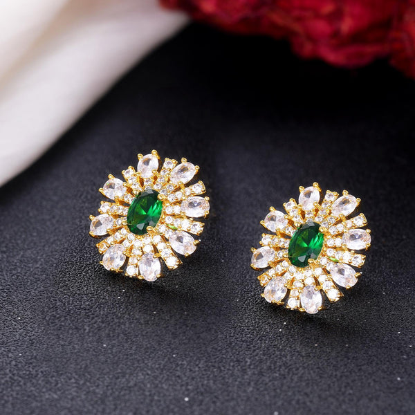 Presentski Green CZ Elegant Gold-Plated Flower Earrings