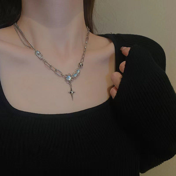 Presentski Blue Moonstone Necklace Cool Punk Link Chain Necklace