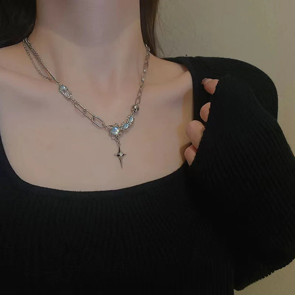 Presentski Blue Moonstone Necklace Cool Punk Link Chain Necklaces