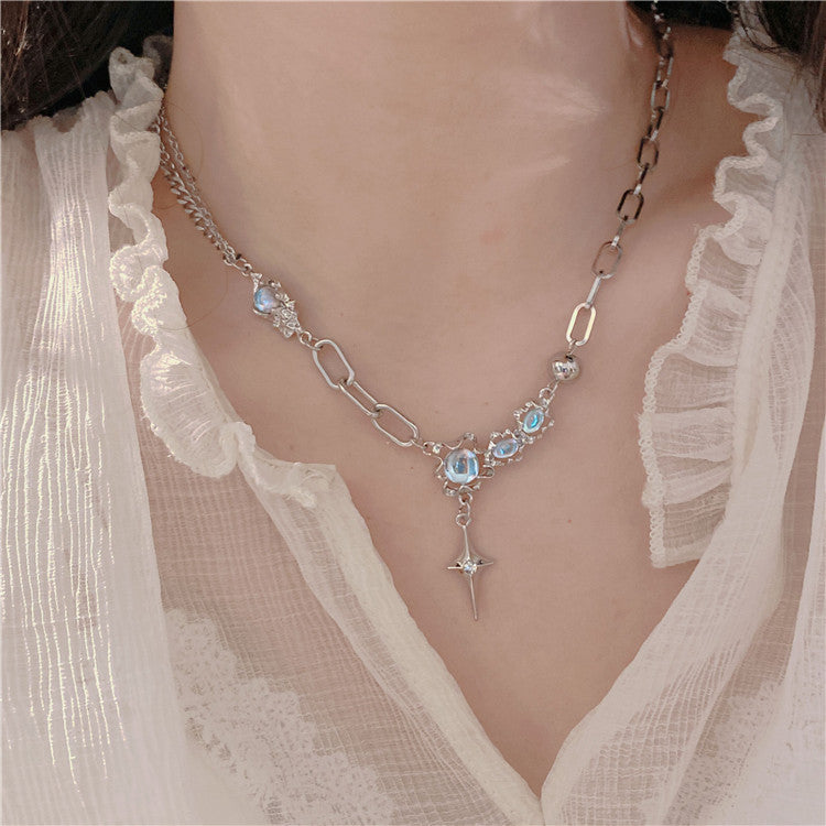 Presentski Blue Moonstone Necklace Cool Punk Link Chain Necklace