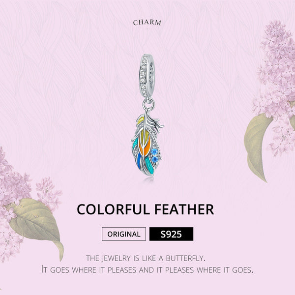 Presentski 925 Sterling Silver Colorful Feather Pendant Charm fit Original Bracelet for Women Girls