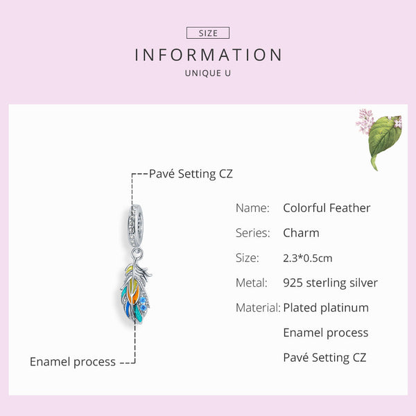 Presentski 925 Sterling Silver Colorful Feather Pendant Charm fit Original Bracelet for Women Girls