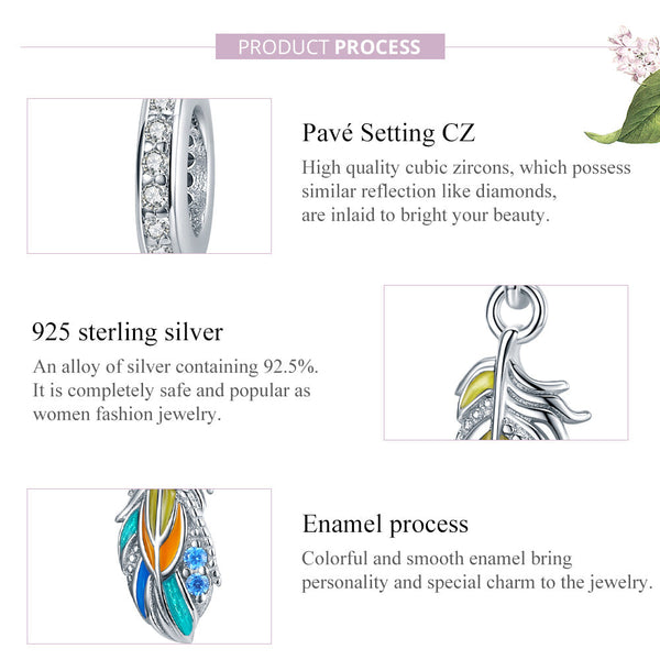 Presentski 925 Sterling Silver Colorful Feather Pendant Charm fit Original Bracelet for Women Girls