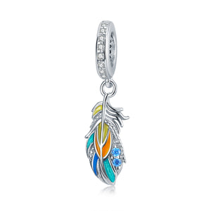 Presentski 925 Sterling Silver Colorful Feather Pendant Charm fit Original Bracelet for Women Girls