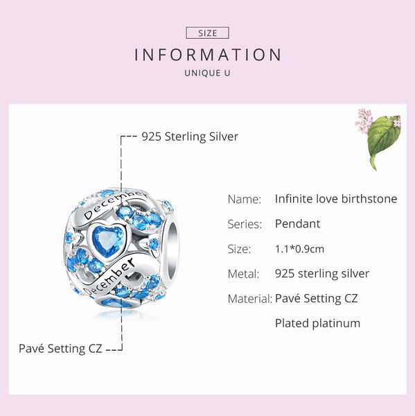 Presentski S925 Multiple Color Infinite Love Heart Birthstone Bead Charm for Original Bracelet Bangle Women